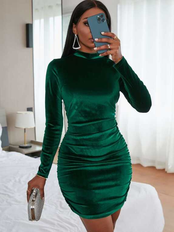 SHEIN SXY Ruched Mock Neck Velvet Bodycon Dress | SHEIN USA