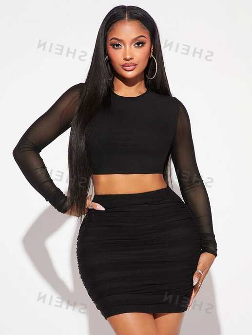 SHEIN SXY Solid Crop Top &amp; Ruched Bodycon Skirt Set | SHEIN USA