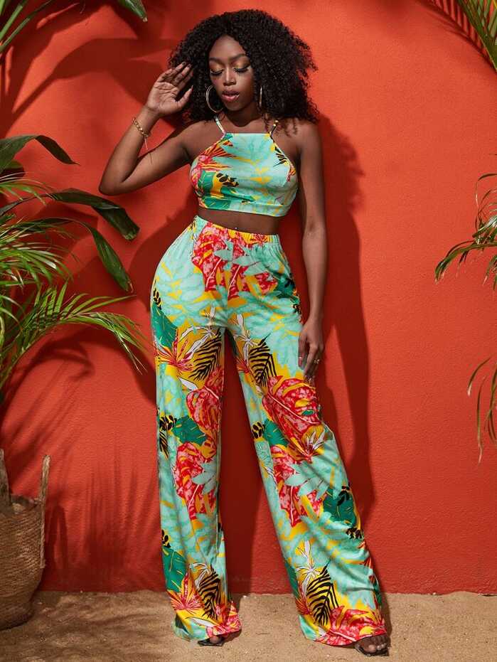 SHEIN SXY Tropical Print Cami Crop Top &amp; Wide Leg Pants Set ...