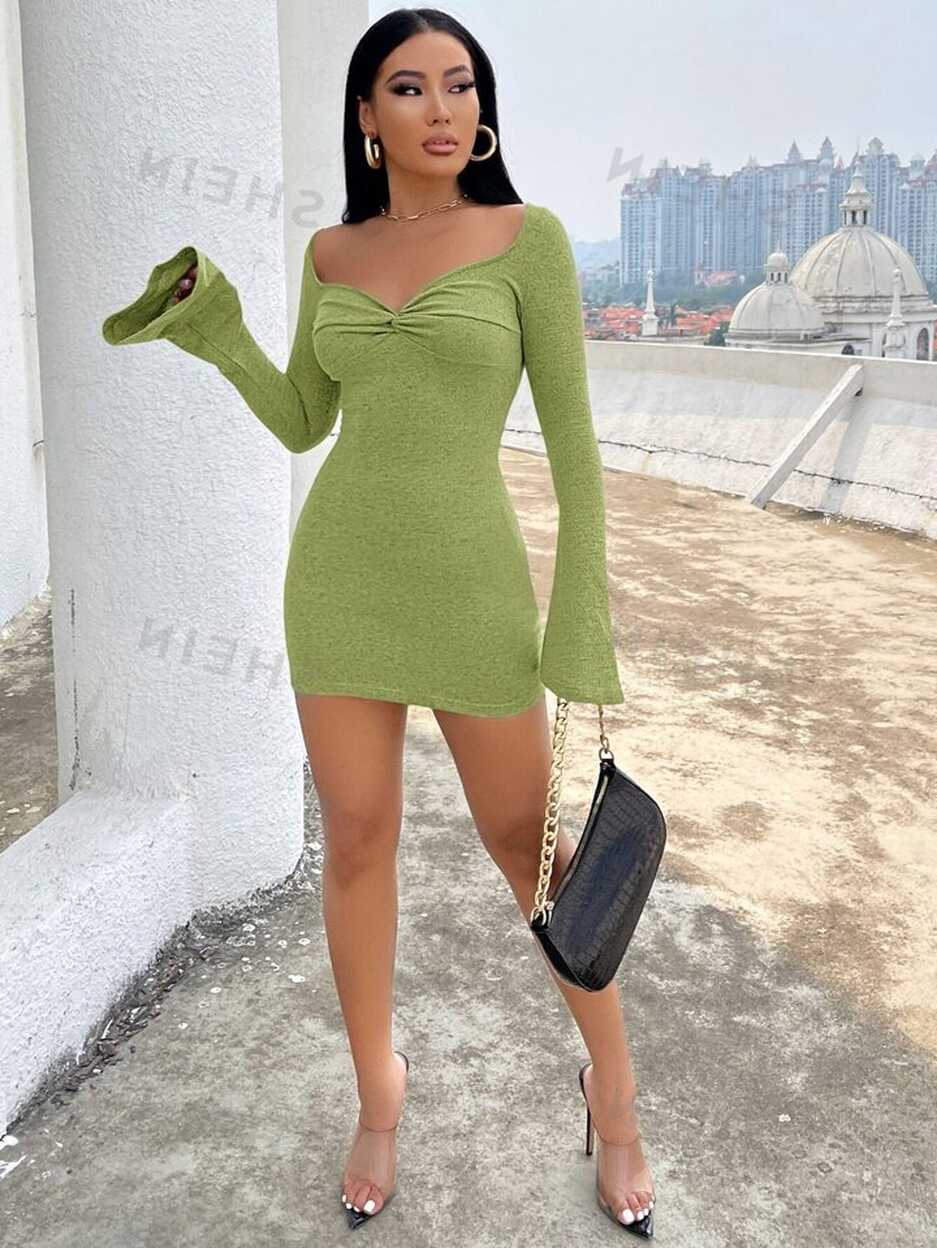 SHEIN SXY Twist Front Flounce Sleeve Bodycon Dress for Sale New ...