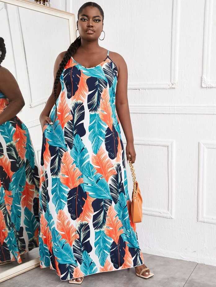 SHEIN Slayr Plus Tropical Print Backless Maxi Cami Dress | SHEIN