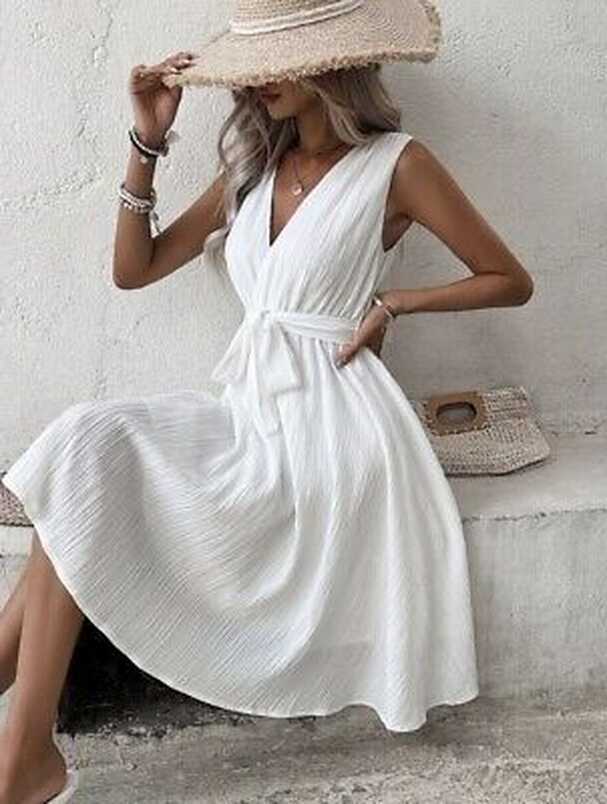 SHEIN Solid Belted A-line Knee-length White Summer Sleeveless ...