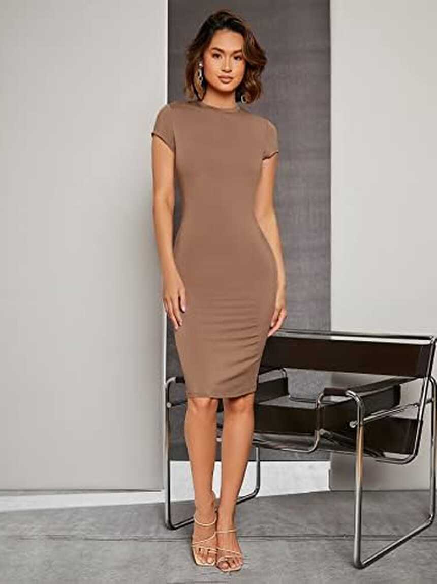 SHEIN Solid Bodycon Knee Length Dress, M1103150, Mocha Brown, XS ...