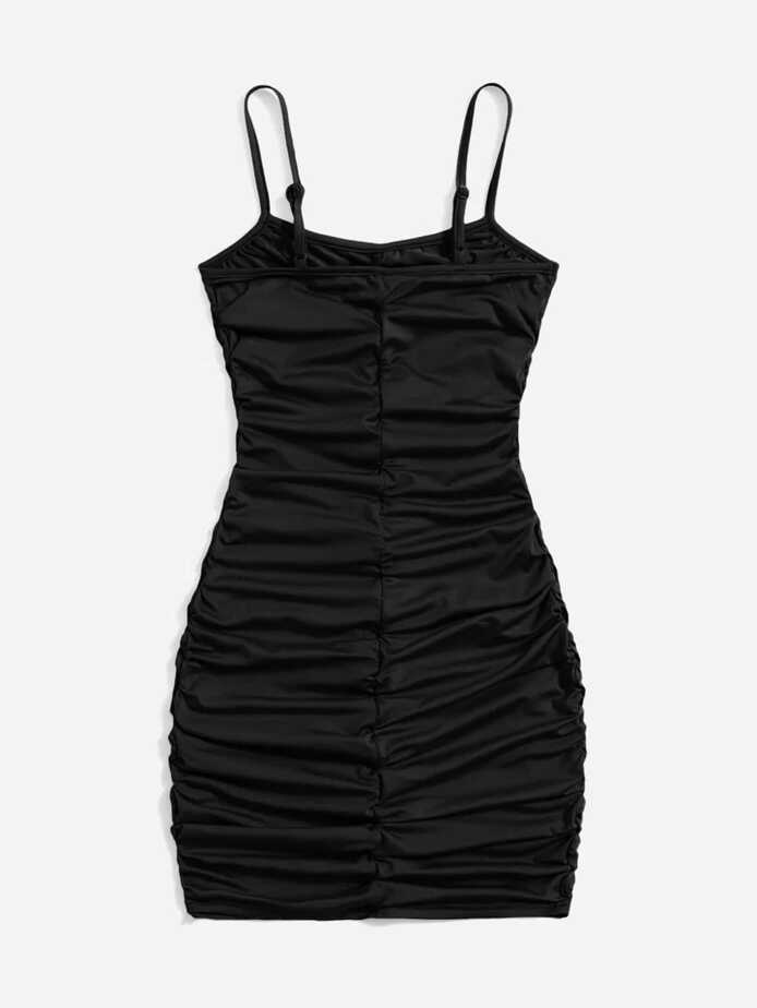 SHEIN Solid Color Bodycon Dress With Pleated Hem And Spaghetti ...