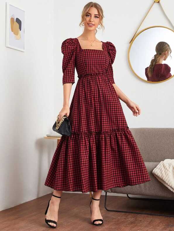 SHEIN Square Neck Puff Sleeve Frill Trim Gingham Dress