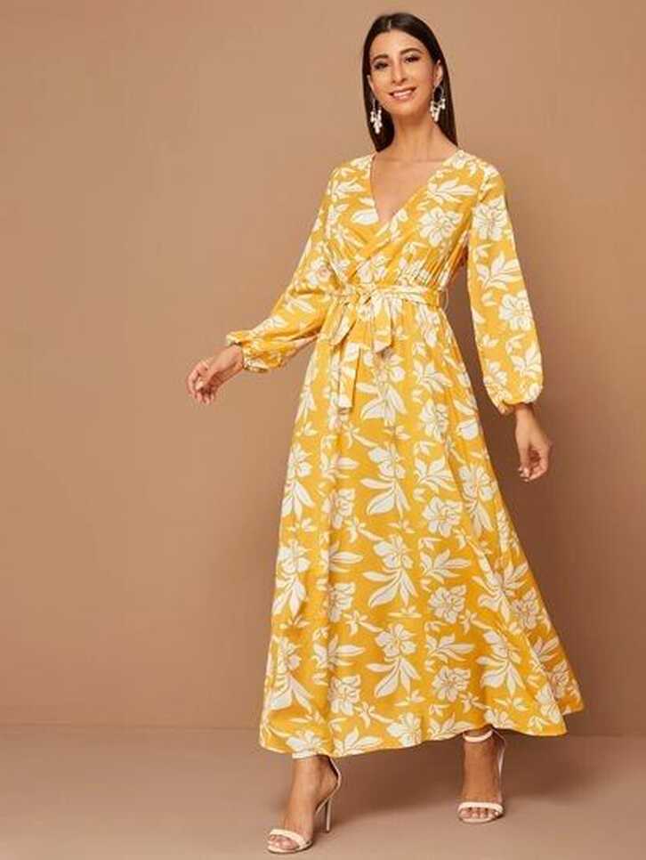 SHEIN Surplice Neck Self Belted Floral Print Dress