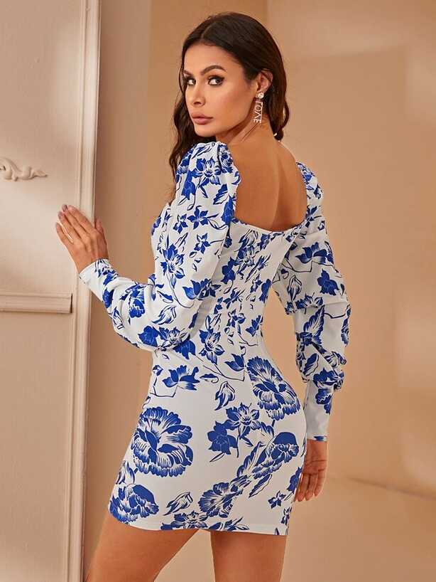 SHEIN Sweetheart Neck Gigot Sleeve Floral Print Bodycon Dress