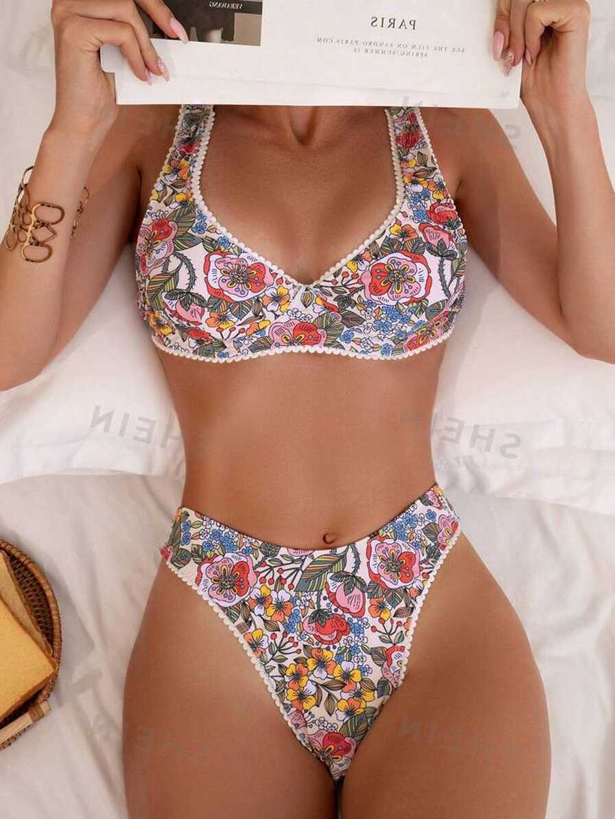 SHEIN Swim Mod Summer Beach Randomly Printed Lace Two Piece ...