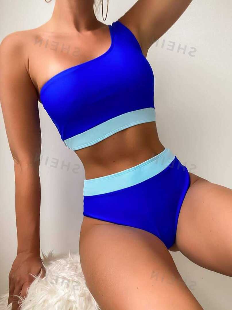 SHEIN Swim Summer Beach Neon Blue Bikini Set Contrast Trim One ...