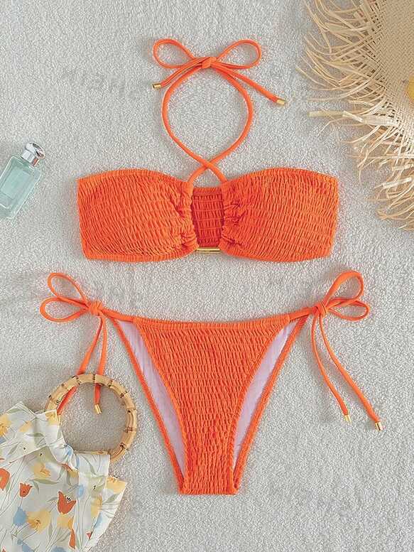 SHEIN Swim Summer Beach Smocked Halter Bra &amp; Thong Bottom 2 Piece ...