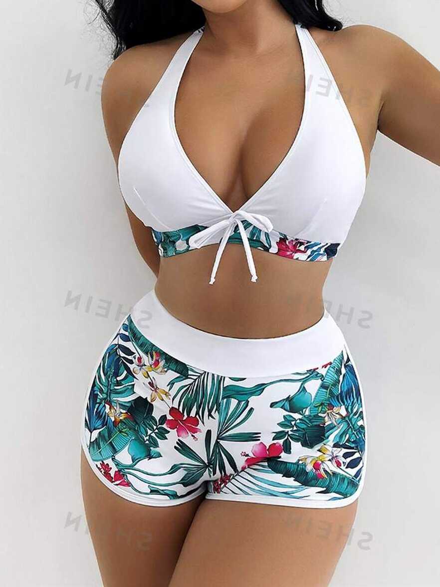 SHEIN Swim Summer Beach Tropical Print Bikini Set Halter Bra ...