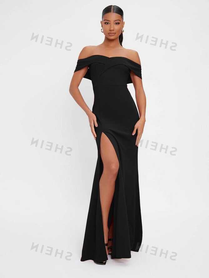 SHEIN Tall Solid Off Shoulder Backless Split Thigh Prom Dress ...