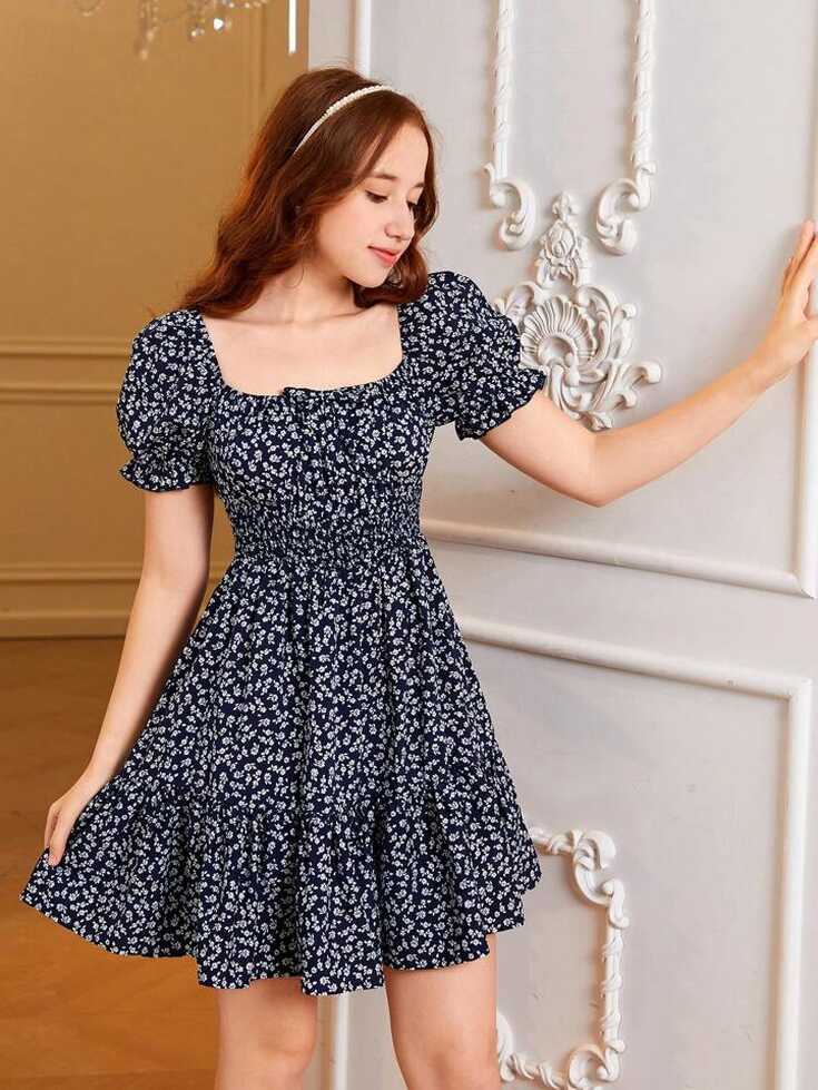 SHEIN Teen Girl Ditsy Floral Print Puff Sleeve Ruffle Hem Dress ...