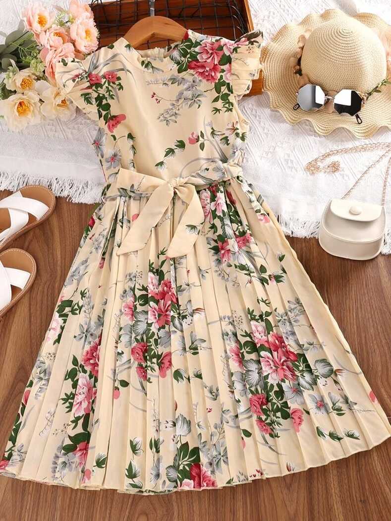 SHEIN Teen Girls Floral Print Butterfly Sleeve Pleated Hem Belted ...