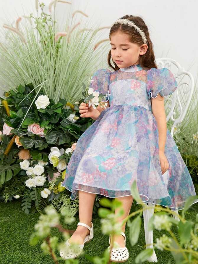 SHEIN Toddler Girls Floral Print Organza Contrast Stitch Dress | SHEIN