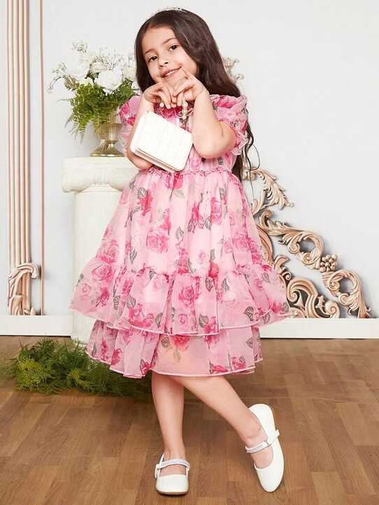 SHEIN Toddler Girls Floral Print Puff Sleeve Ruffle Hem Organza ...