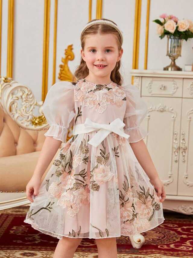 SHEIN Toddler Young Girls Princess Dress With Organza Puff Sleeves ...