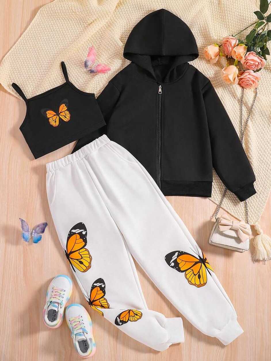 SHEIN Tween Girl Butterfly Print Cami Top &amp; Sweatpants &amp; Zip Up ...