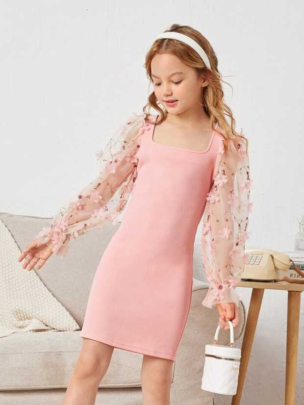 SHEIN Tween Girl Mesh Panel Flounce Sleeve Appliques Dress | SHEIN USA