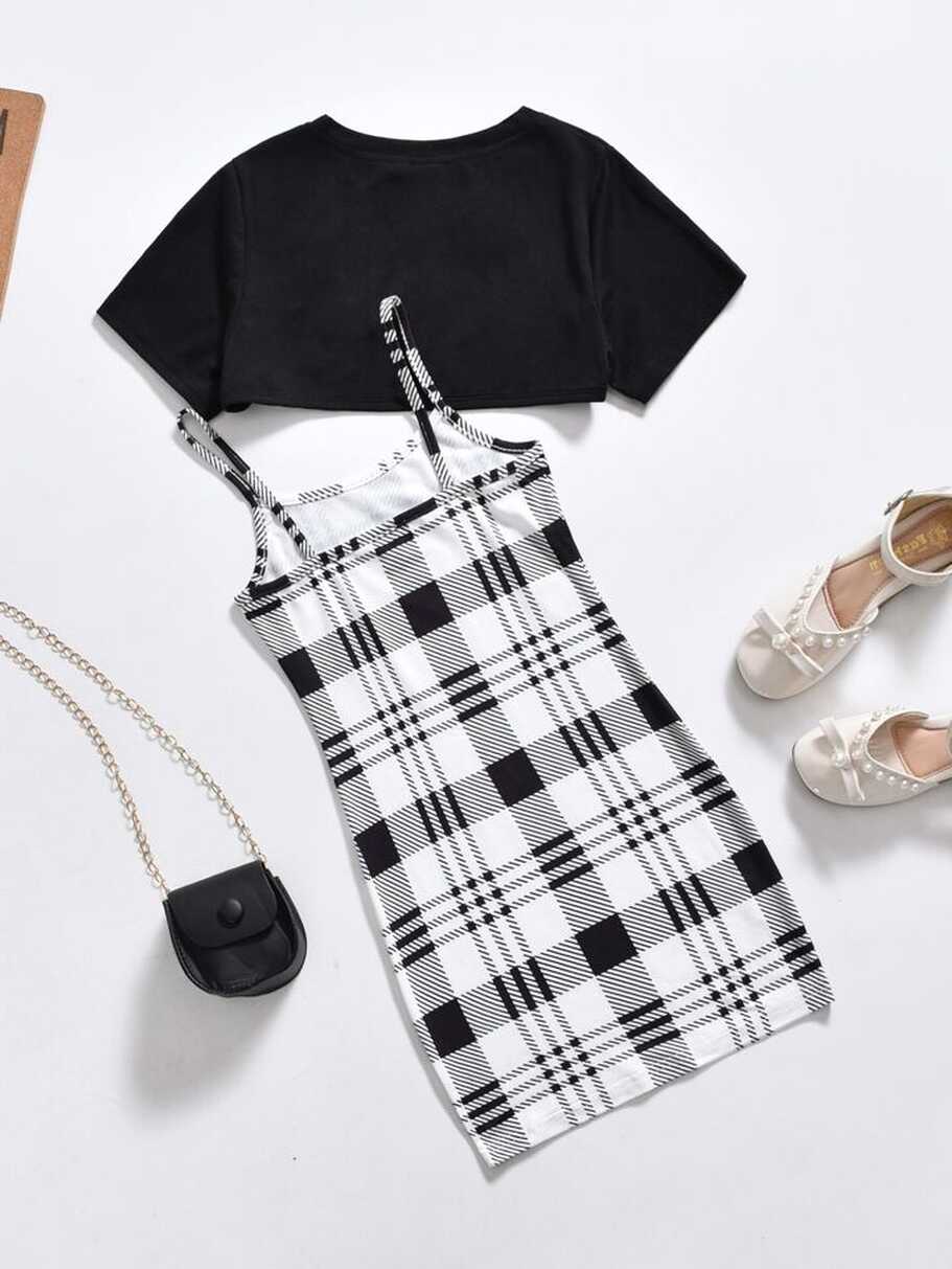 SHEIN Tween Girl Plaid Print Cami Dress &amp; Super Crop Top | SHEIN