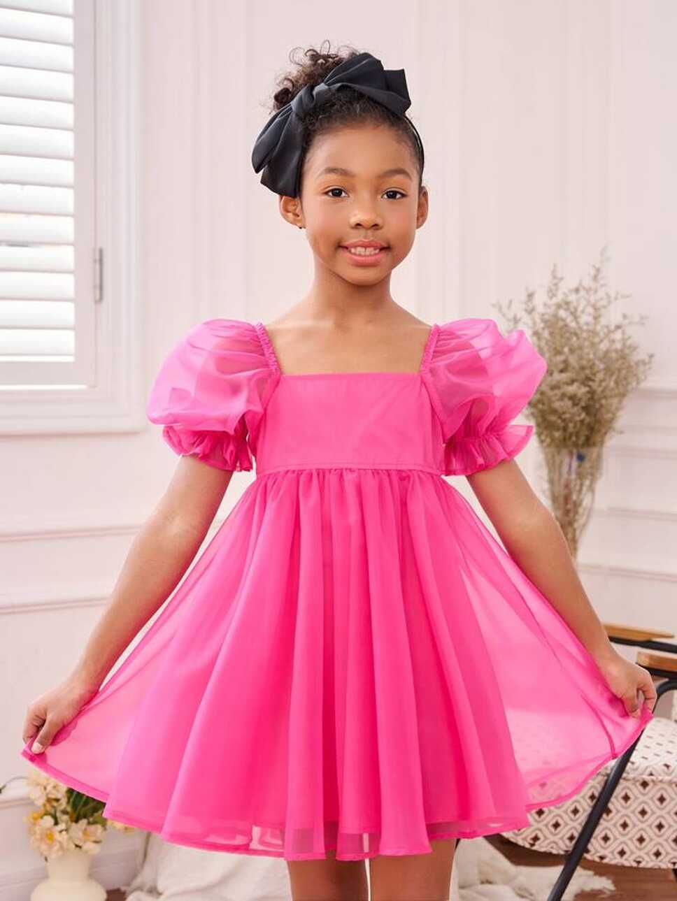 SHEIN Tween Girl Solid Puff Sleeve Dress | SHEIN USA