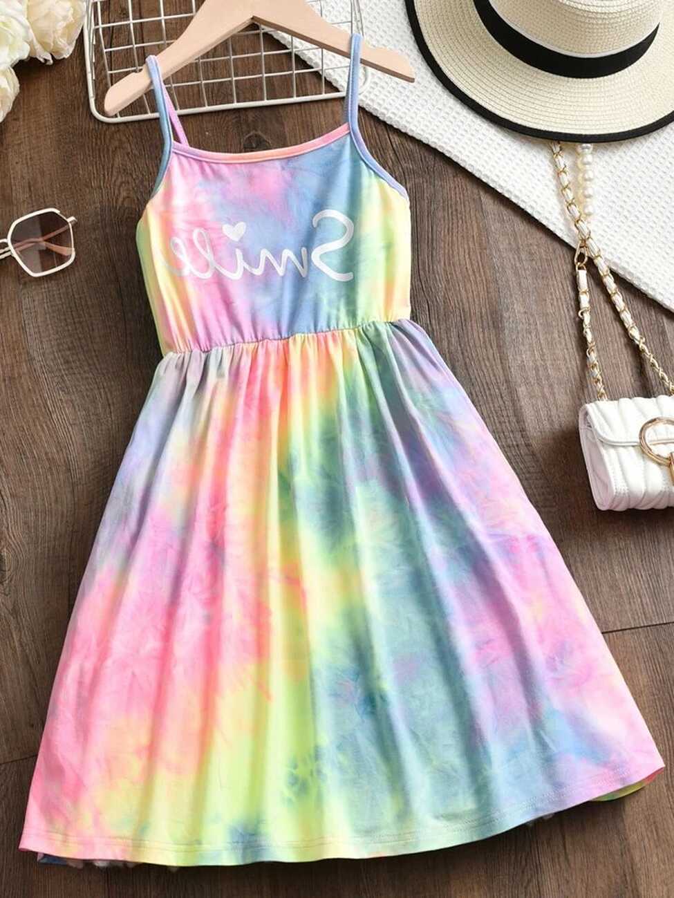 SHEIN Tween Girl Tie Dye Letter Graphic Cami Dress Pastel Dress ...