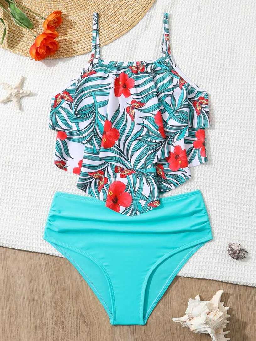 SHEIN Tween Girl Tropical Print Layer Hem Bikini Swimsuit | SHEIN USA