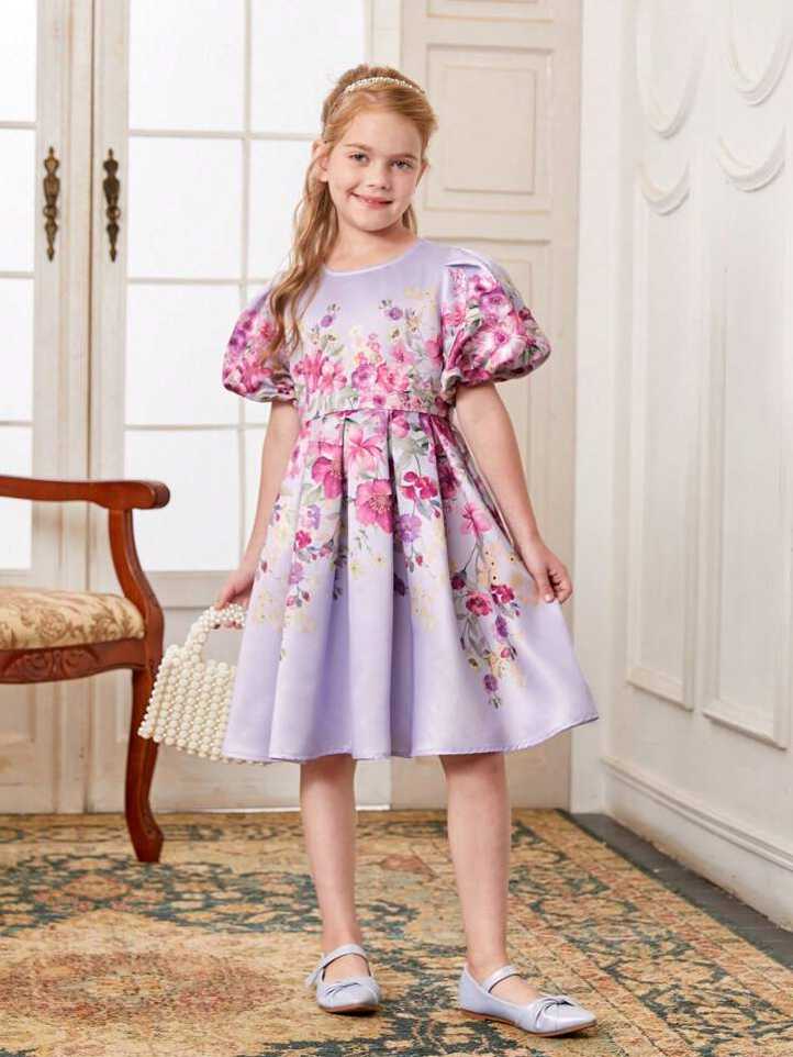 SHEIN Tween Girls Floral Print Puff Sleeve Party Dress | SHEIN USA