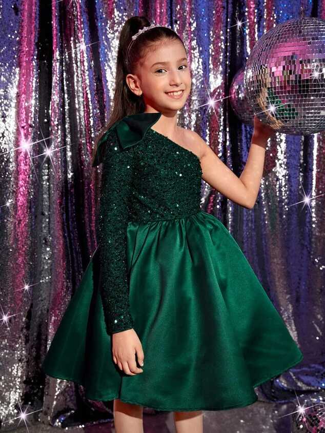 SHEIN Tween Girls One Shoulder Bow Detail Sequin Party Dress | SHEIN