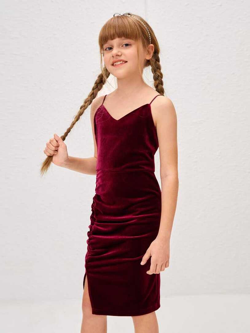 SHEIN Tween Girls Solid Ruched Velvet Cami Dress | SHEIN