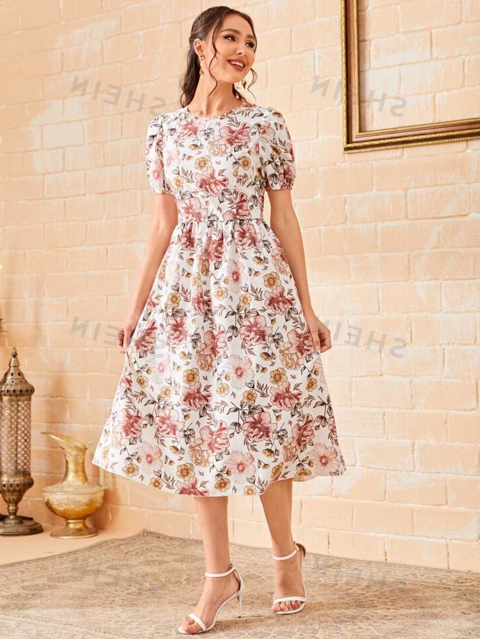 SHEIN Unity Floral Print Puff Sleeve Flare Hem Dress | SHEIN USA