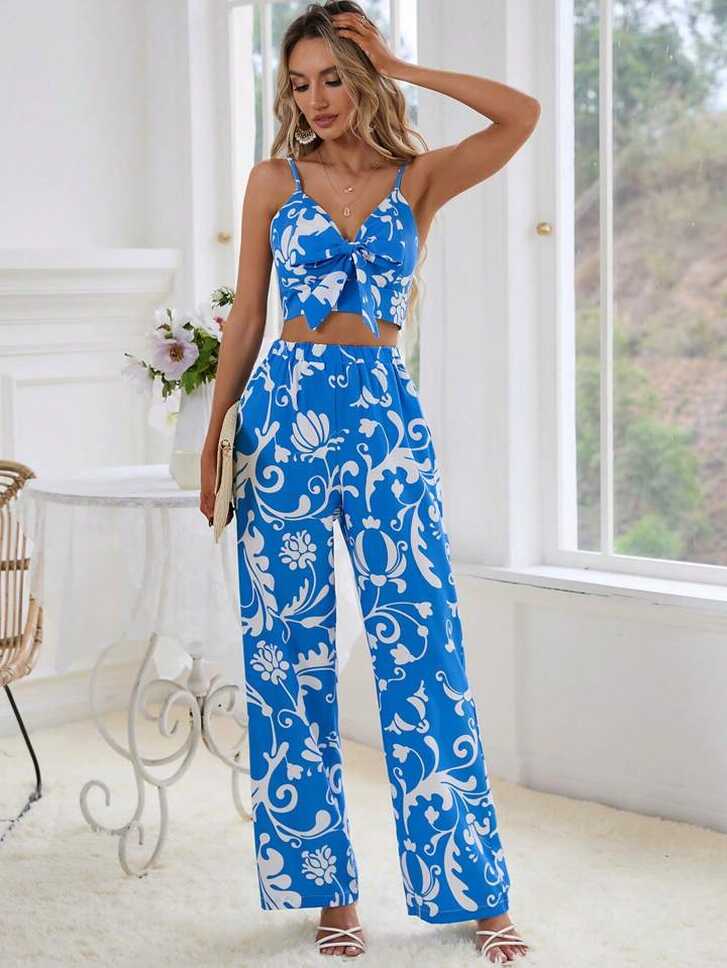 SHEIN VCAY Floral Print Knot Front Cami Top &amp; Wide Leg Pants ...