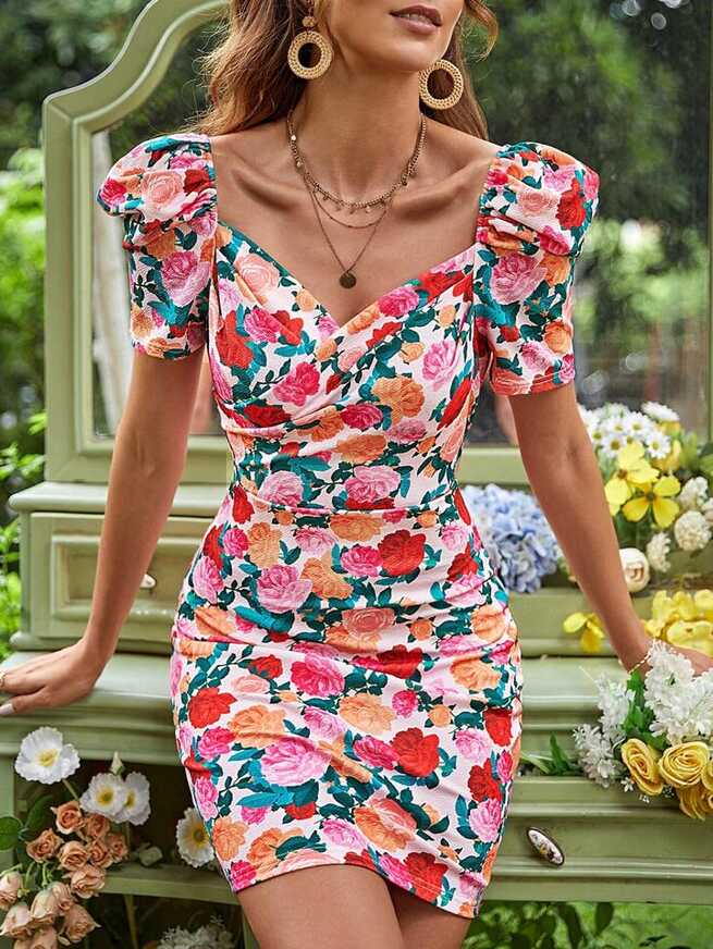 SHEIN VCAY Floral Print Sweetheart Neck Puff Sleeve Ruched Bodycon ...