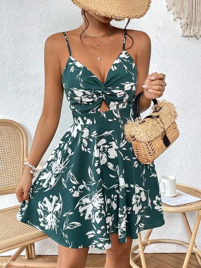 SHEIN VCAY Floral Print Twist Front Cut Out Cami Dress | SHEIN