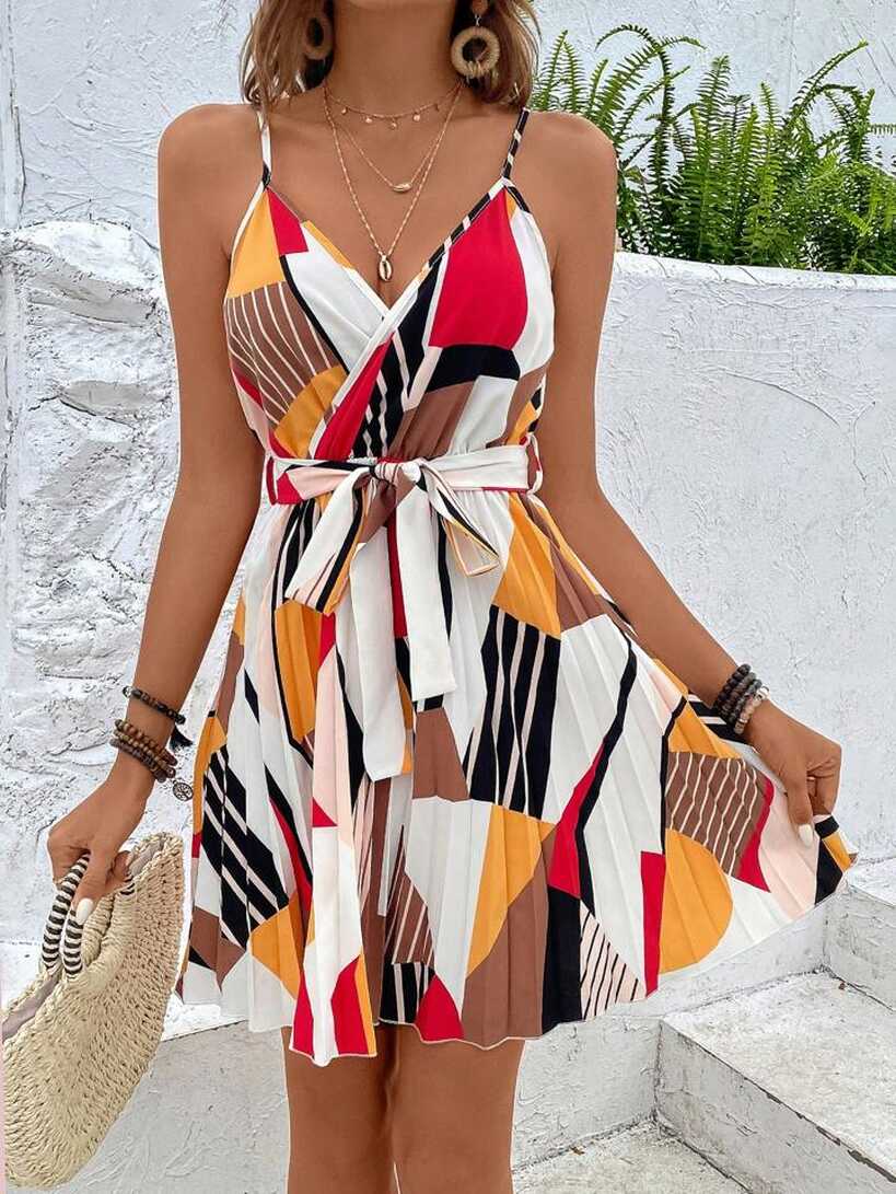 SHEIN VCAY Geo Print Belted Cami Dress | SHEIN