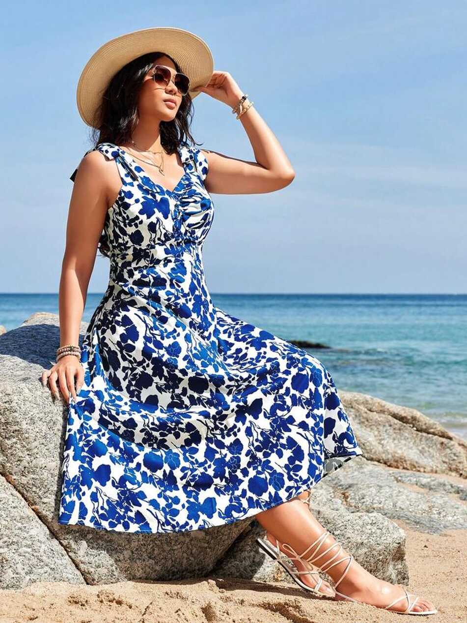 SHEIN VCAY Plus Size Vacation Style Floral Print Tie Strap Blue ...