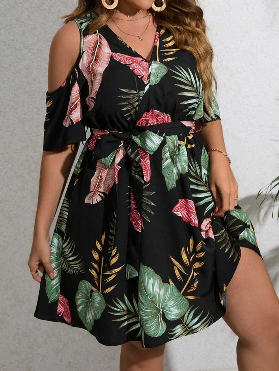 SHEIN VCAY Plus Tropical Print Cold Shoulder Belted Dress | SHEIN