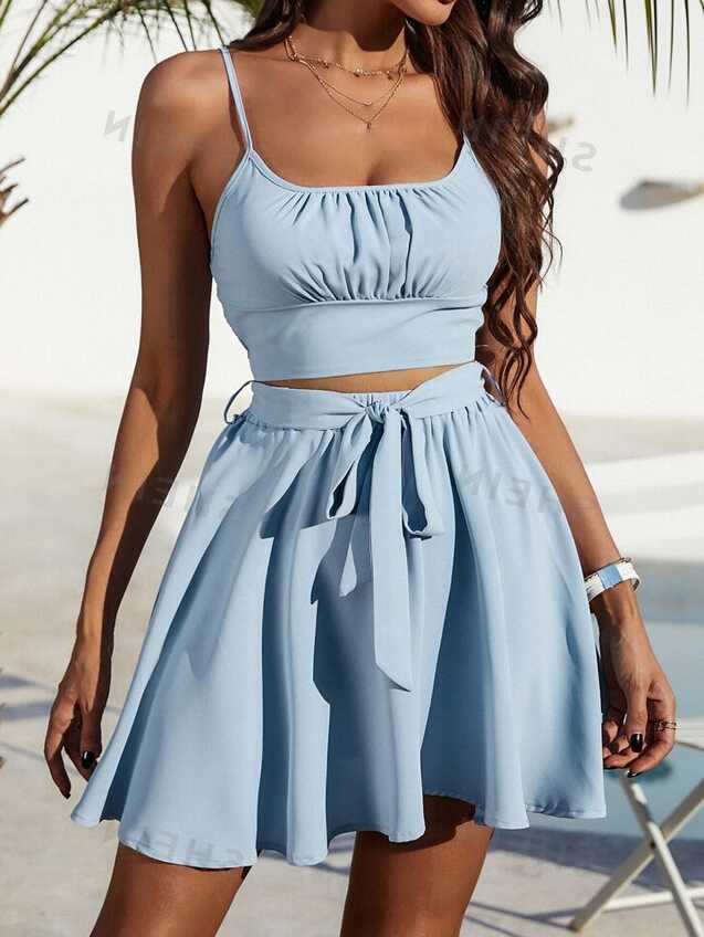 SHEIN VCAY Ruched Bust Cami Top &amp; Belted Skirt Set | SHEIN USA