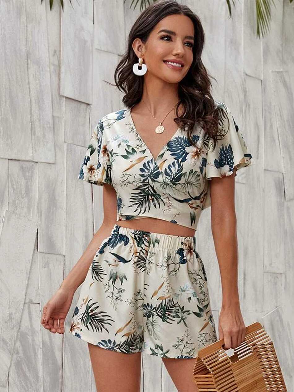 SHEIN VCAY Summer Beach Floral Tropical Print Crop Wrap Summer ...