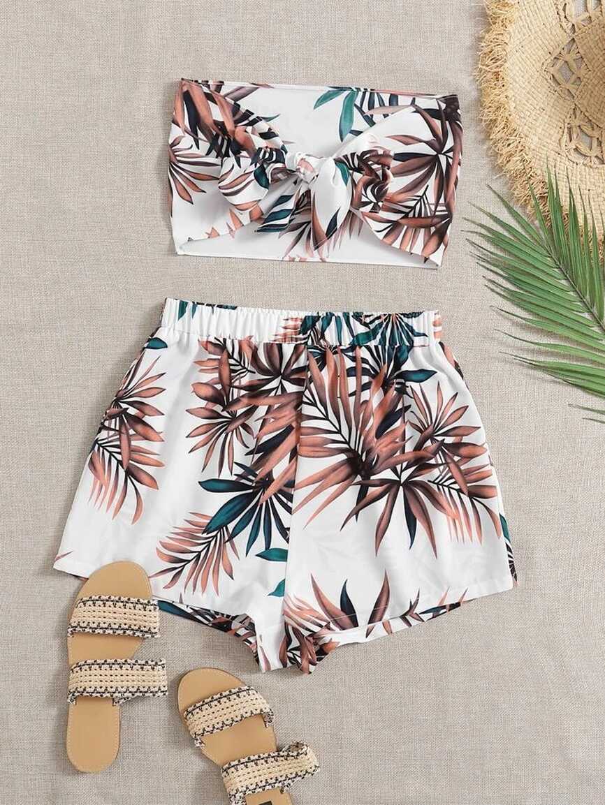 SHEIN VCAY Summer Beach Tropical Print Tie Front Two Piece Outfits ...