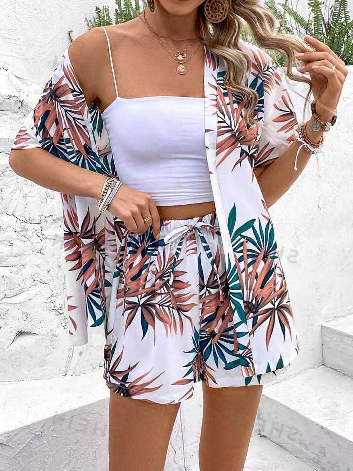 SHEIN VCAY Summer Two Piece Outfits Tropical Plant Printed Kimono ...