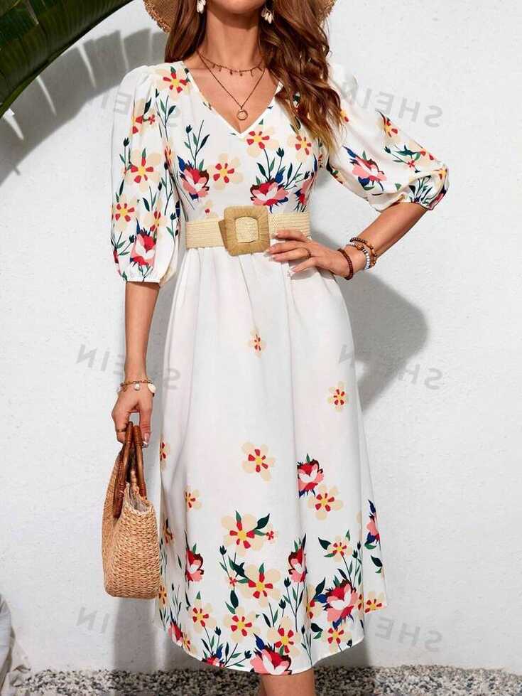 SHEIN VCAY Summer Women&#39;s Floral Printed Casual White Long Dress ...