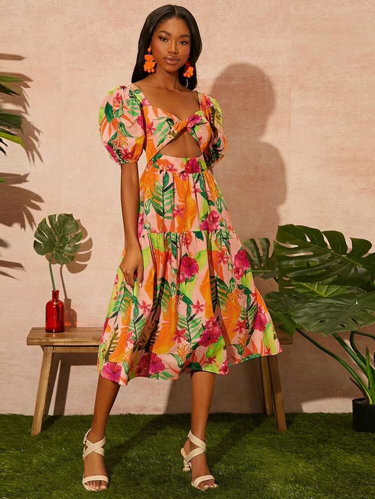 SHEIN VCAY Tropical Print Twist Front Cutout Dress