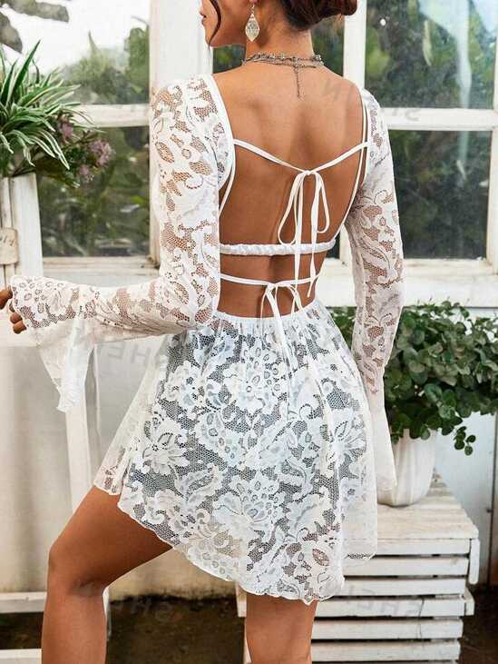 SHEIN VCAY Vacation Sexy Knitted Lace Open Back Irregular Hem Slim ...