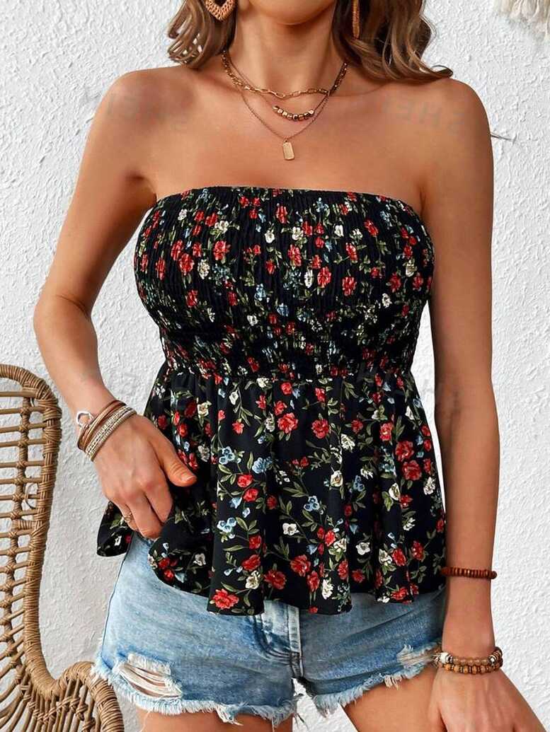 SHEIN VCAY Vacation Style Strapless Small Floral Print Cute Summer ...