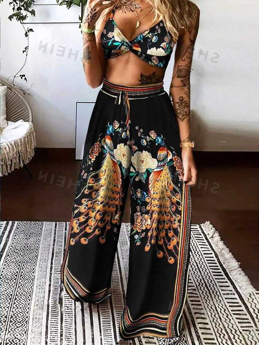 SHEIN VCAY Women&#39;s Floral Printed Camisole Top And Wide Leg Pants ...