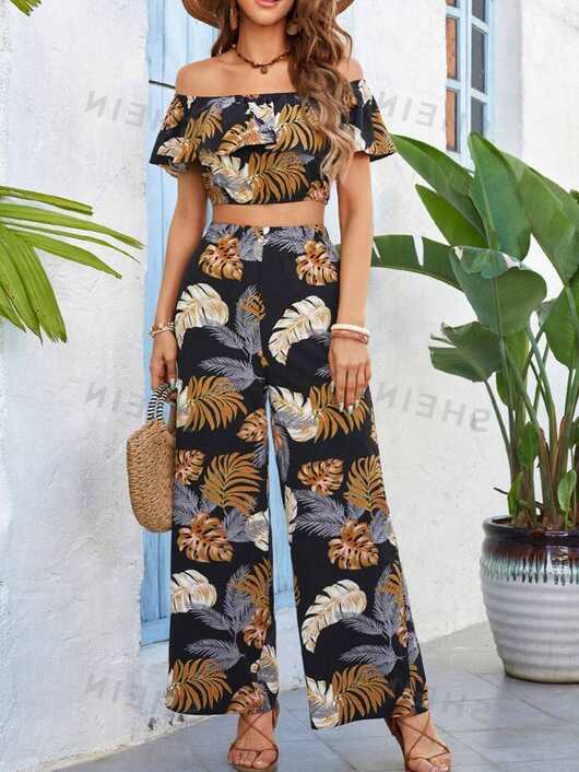 SHEIN VCAY Women&#39;s Vacation Tropical Printed Crop Top And Wide Leg ...