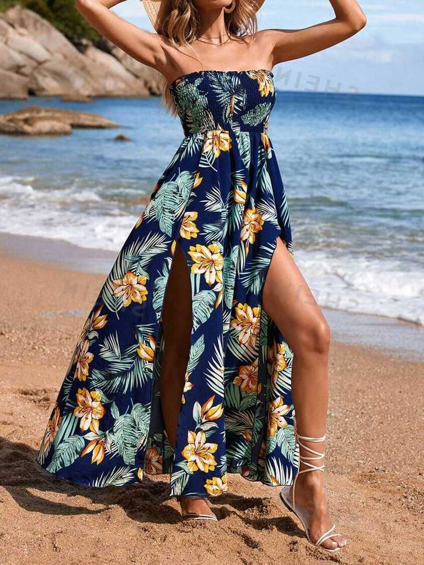 SHEIN VCAY Women Summer Vacation Beach Tropical Print Tube Split ...