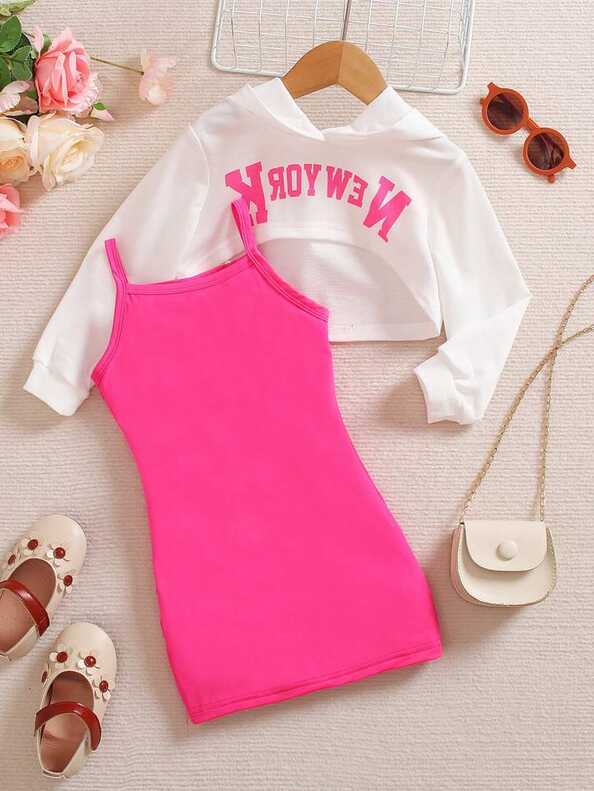 SHEIN Young Girl Casual Street Style Cropped Hoodie And Bodycon ...