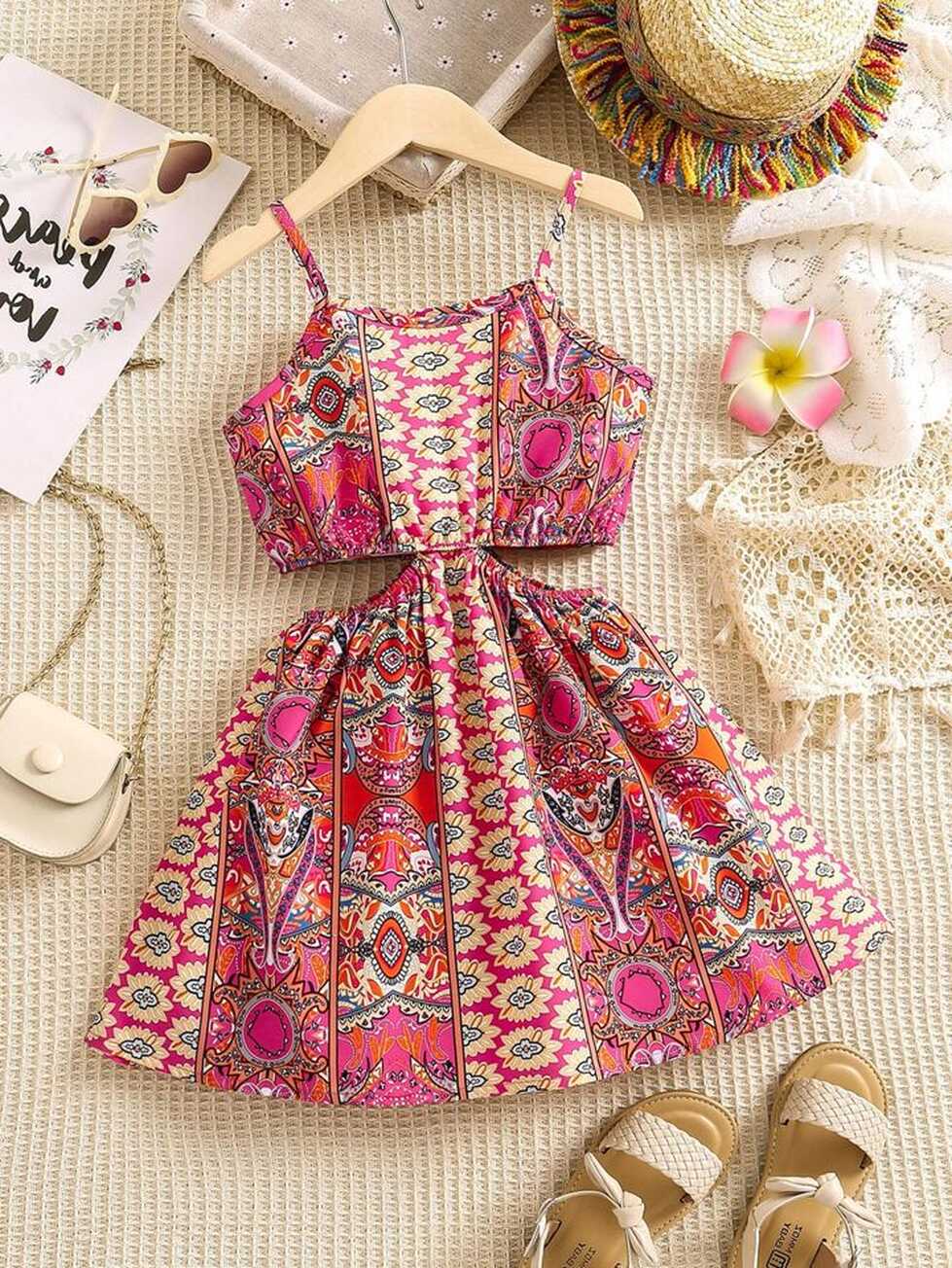 SHEIN Young Girl Geometric Pattern Vintage Holiday Spaghetti Strap ...